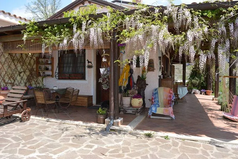 Il portico della casa coperto dal glicine in fiore, con il pavimento in pietra