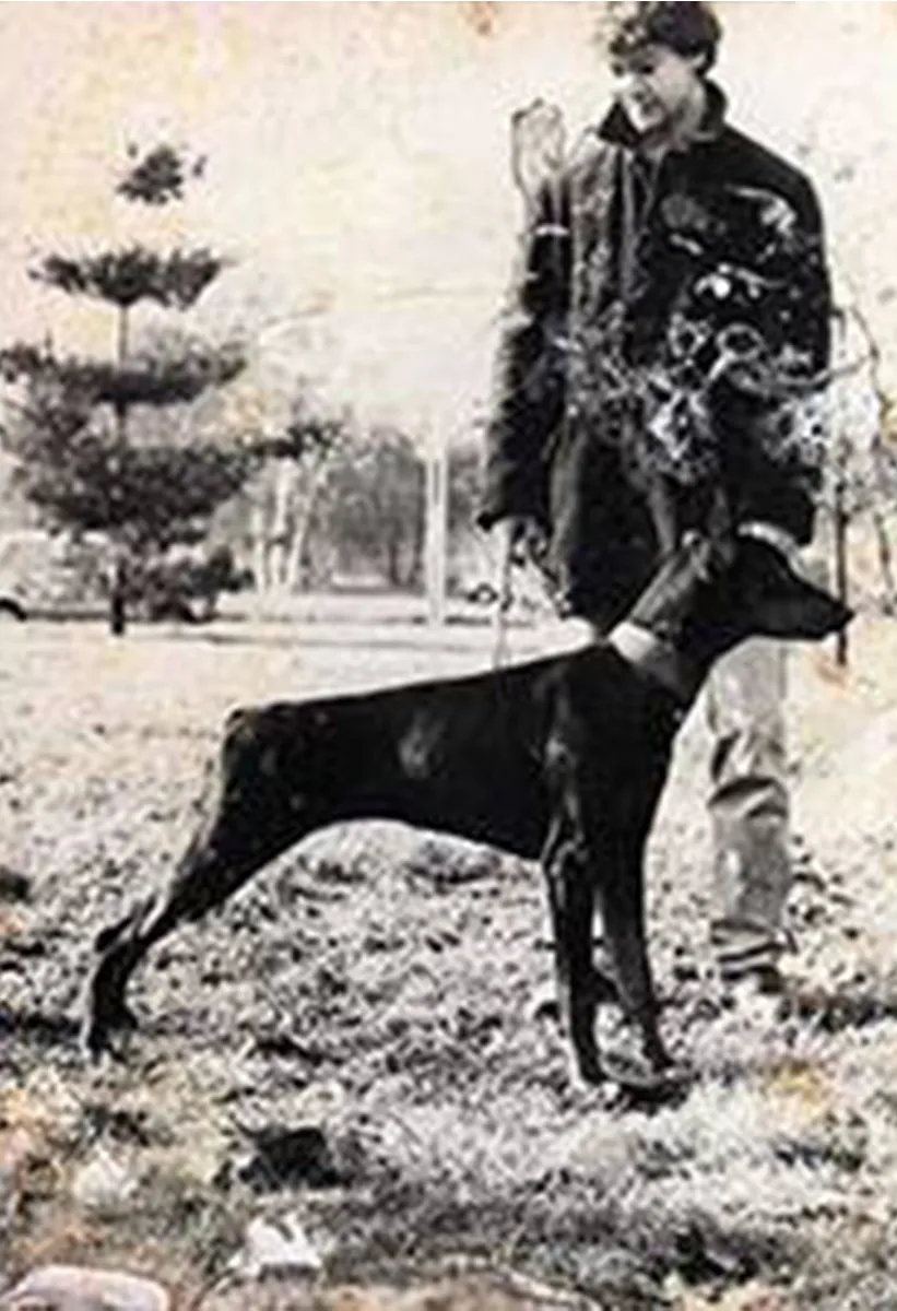 Mauro Luccardini da ragazzo con un Dobermann al guinzaglio, foto d’epoca
